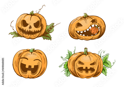 Hand drawn vintage set of funny jack o lantern halloween pumpkins with different faces and green leaves