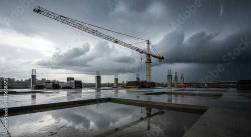 Construction Crane on Rainy Day with Puddles Reflecting Sky