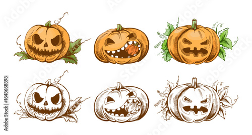 Hand drawn vintage set of halloween pumpkins in color and monochrome with funny faces and green leaves