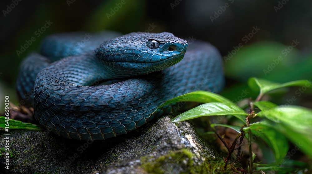 Obraz premium Venomous blue viper coiled on rock in rainforest