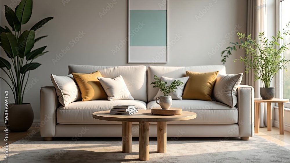 Obraz premium Light-filled living room with a neutral color palette.