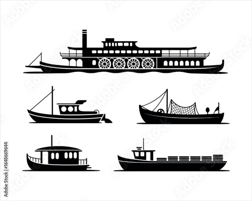 River Boat Silhouette Isolated Template Set Design