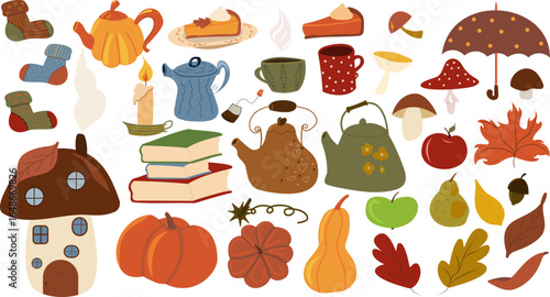 Big collection of isolated cartoon autumn elements: books, socks, pumpkins, leaves, pies, candles. Ideal for seasonal graphic design projects, invitations, scrapbooking or stickers.