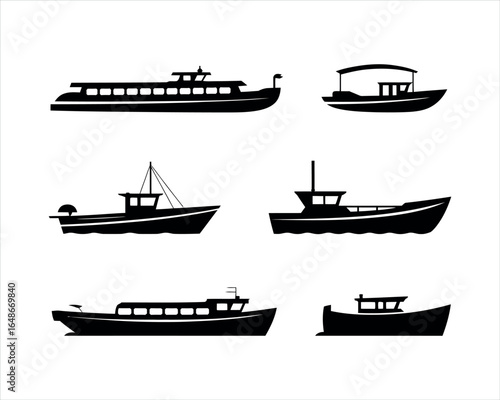 River Boat Silhouette Isolated Template Set Vector Illustration