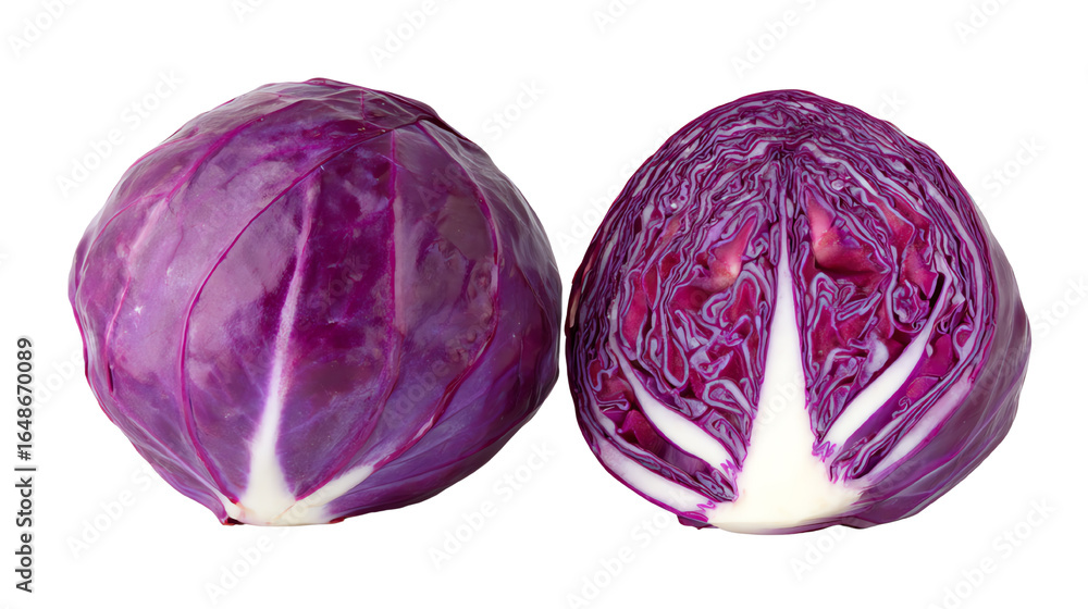 Fototapeta premium Two halves of vibrant purple cabbage on a white isolated background, showcasing rich colors and texture.