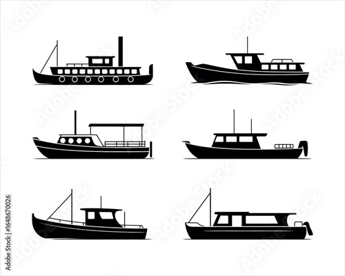 River Boat Silhouette Isolated Template Collection