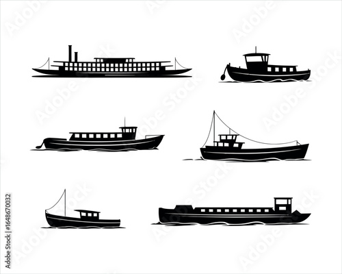 River Boat Silhouette Isolated Travel and Tourism Illustration Template