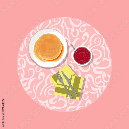 Vector illustration of crepes on a white plate with a bowl of red jam, fork, knife, and napkin, on a decorative pink table,viewed from above . Perfect for design breakfast or dessert themes.