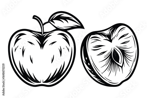 Apple with Halved Fruit Slice on White Background