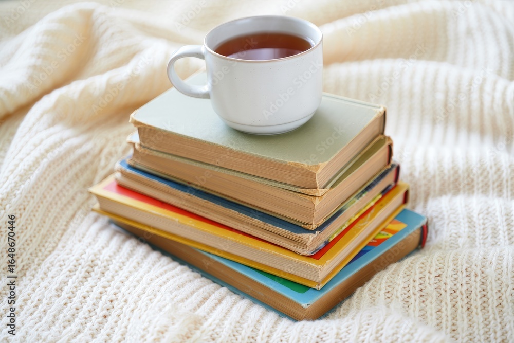 Fototapeta premium Cozy morning with a cup of tea and stack of books on a soft blanket