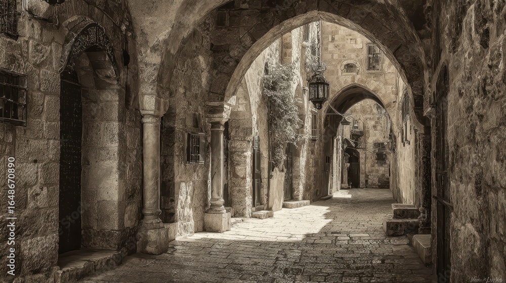 Fototapeta premium Historic Cobblestone Alleyway in the Jewish Quarter, Jerusalem. Vintage Style Photograph of Ancient Architecture.