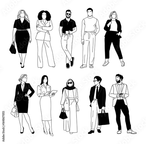 Set of different business people standing full length line art drawing. Group of men and women in formal suits. Team work concept. Hand drawn vector sketch illustrations