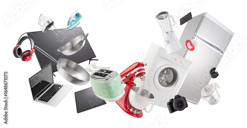 Electronics and appliance store shopping. Group of household appliances and electronic devices for the home and kitchen. Top deals and sales in supermarkets, malls and Online shopping offers banner