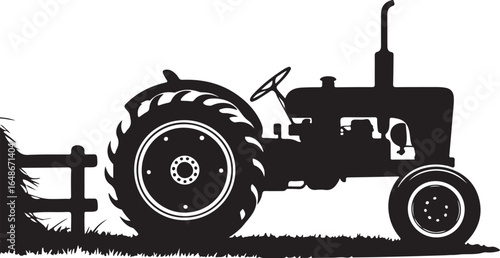 Vintage tractor silhouette on grassy field with rustic fence