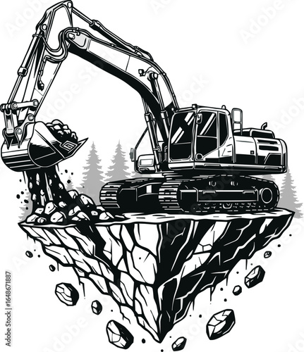 Black and white illustration of an excavator digging rocks on a cliff.