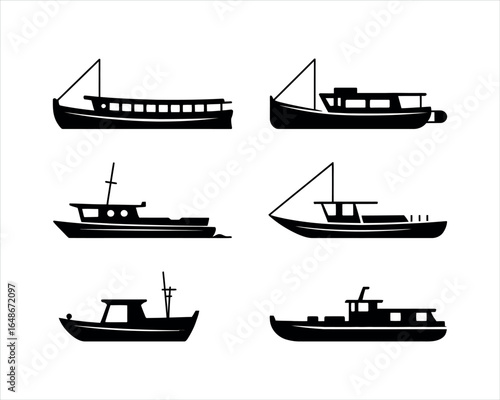 River Boat Silhouette Set Minimalist Vector Template