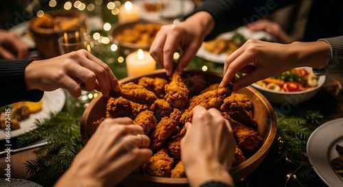 Festive gathering featuring a shared bowl of crispy fried chicken wings surrounded by friends