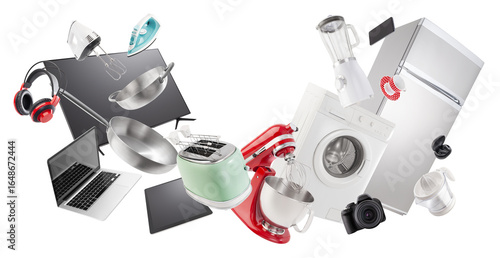 Electronics and appliance store shopping. Group of household appliances and electronic devices for the home and kitchen. Top deals and sales in supermarkets, malls and Online shopping offers banner