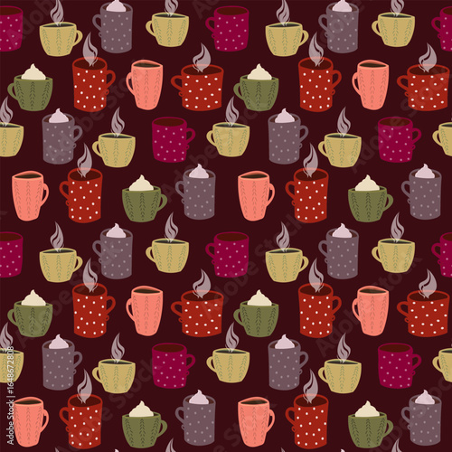 Seamless pattern of cozy cartoon mugs in assorted warm colors, arranged on a rich dark red background. Ideal for cafe branding, coffee shop decor, or charming stationery designs.