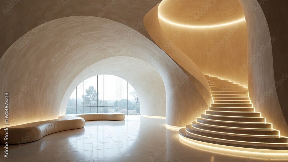 Obraz premium Modern architectural interior design with curved walls and a spiral staircase.