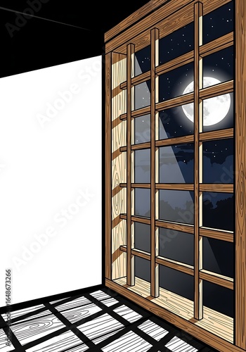 Mystical night view through a crafted window, wooden frame with moonlight and shadow patterns