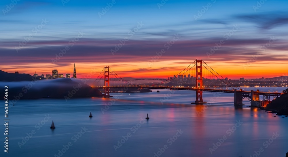 Fototapeta premium Golden Gate Bridge illuminated at twilight, a scenic seascape of San Francisco