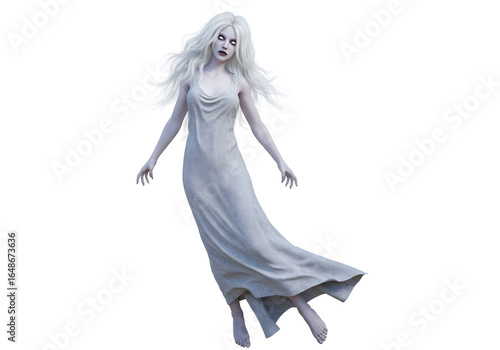 Ethereal ghostly woman with long flowing hair in white dress floating against a solid black
