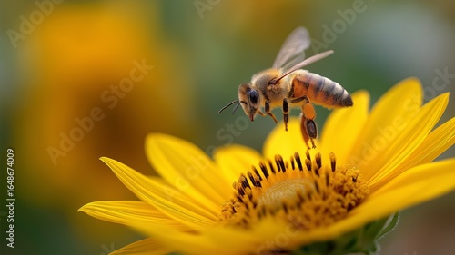 A bee hovers above a bright sunflower, gathering pollen in a colorful garden setting.