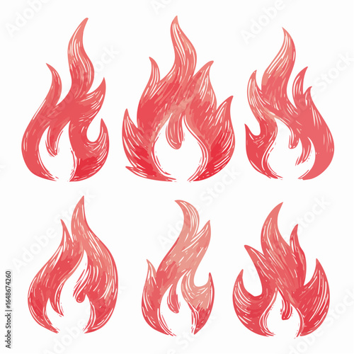 Crayon drawn red fire flames vector collection. Hand drawn fire elements with pencil rough texture.