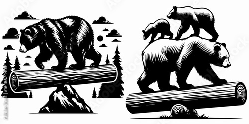 Bears balancing on log. Cartoon Animal Clipart Silhouette Vector Illustration Line Art Illustration. Wildlife resting atop timber large mammal maintaining equilibrium woodland item.