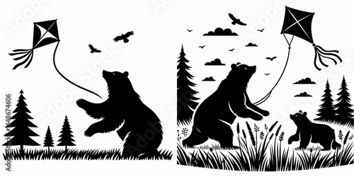 Bears flying kite meadow. Cartoon Animal Clipart Silhouette Vector Illustration Line Art Illustration. Woodland creature soars toy field fun outdoor activity grassland scenery.