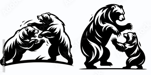 Bears fighting fiercely. Cartoon Animal Clipart Silhouette Vector Illustration Line Art Illustration. Wild combat powerful mammal compete with intense aggression.