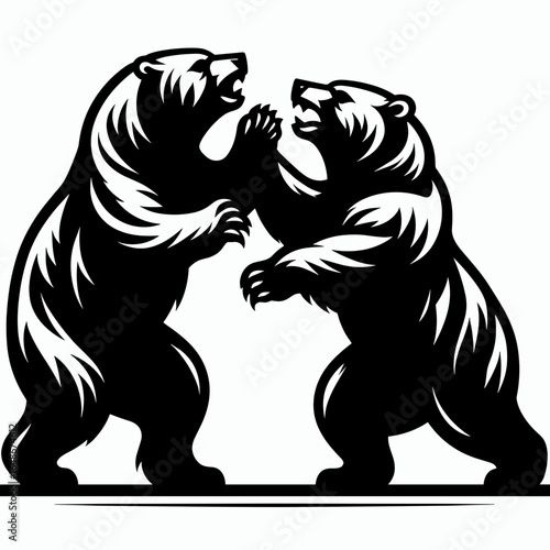 Bears fighting fiercely. Cartoon Animal Clipart Silhouette Vector Illustration Line Art Illustration. Big strong mammal combat conflict savage wild beast struggle.