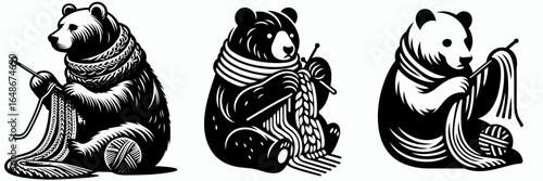 Bears knitting long scarf. Cartoon Animal Clipart Silhouette Vector Illustration Line Art Illustration. Bruin crafting lengthy neckwear cute making warm winter apparel.