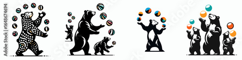 Bears juggling colorful balls. Cartoon Animal Clipart Silhouette Vector Illustration Line Art Illustration. Mammal tossing vibrant sphere a fun theme routine.