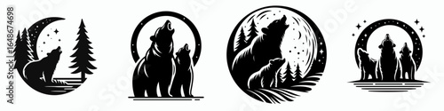 Bears howling moonlight. Cartoon Animal Clipart Silhouette Vector Illustration Line Art Illustration. vocalization below lunar glow beast bellow night light.