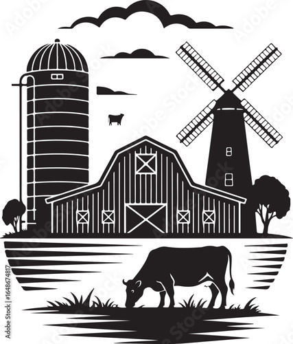 Classic farm scene with cow, barn, silo and windmill