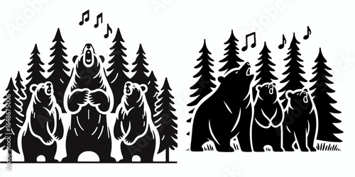 Bears singing forest chorus. Cartoon Animal Clipart Silhouette Vector Illustration Line Art Illustration. Woodland harmony a bear vocal performance in nature.