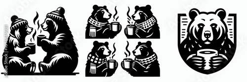 Bears sipping hot cocoa. Cartoon Animal Clipart Silhouette Vector Illustration Line Art Illustration. Bruin enjoying warm chocolate beverage comfy winter holiday concept.