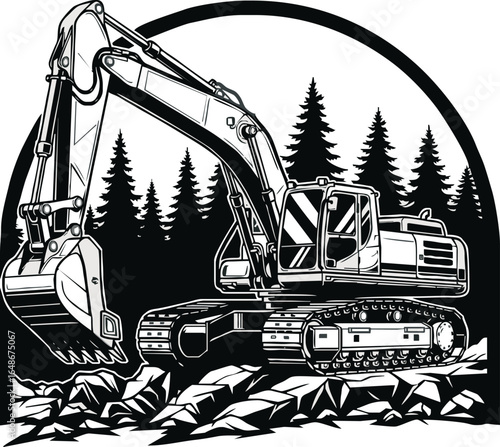 Black and white illustration of an excavator working on a construction site with trees in the background.