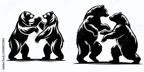 Bears sparring on hindlegs. Cartoon Animal Clipart Silhouette Vector Illustration Line Art Illustration. combat bruin having a mock fight standing upright.