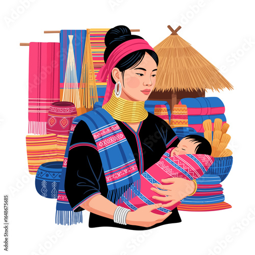 Kayan woman with a baby surrounded by traditional crafts and textiles