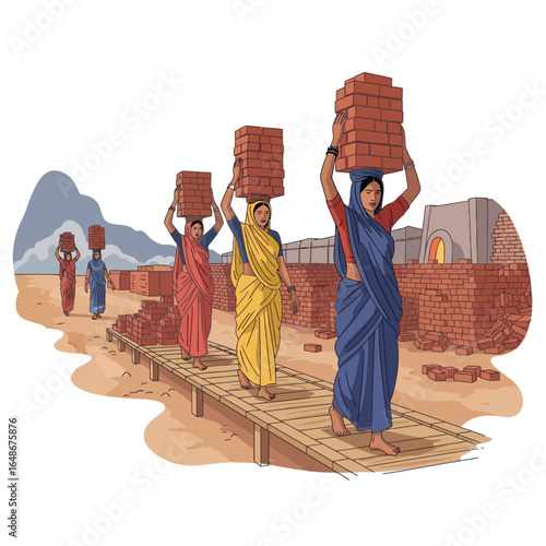 Group of women laborers carrying bricks on their heads at a brick kiln
