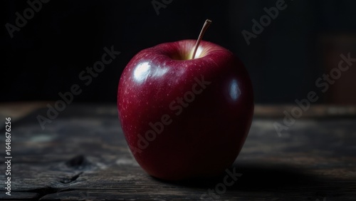 Solitary Red Apple Bathed in Dramatic Light on a Rustic Wooden Surface