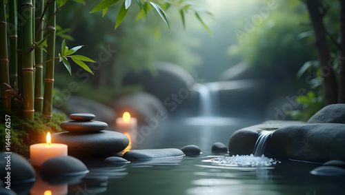 Bamboo candles, stacked stones, stream, misty woods. Ideal for spa, wellness, tranquility concepts, mindfulness, relaxation, naturethemed designs.