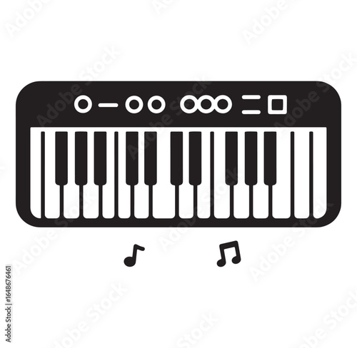Simple black and white illustration of a piano keyboard with musical notes and buttons