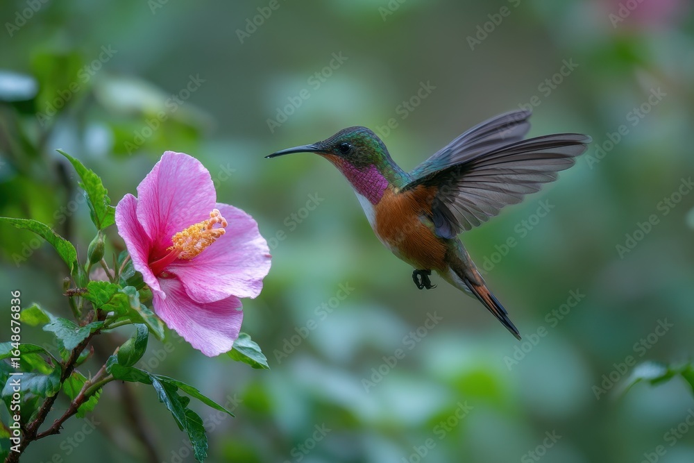 Obraz premium Dynamic Hummingbirds Paired with a Vibrant Pink Flower in the Lush Costa Rican Jungle