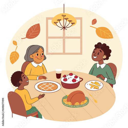 A family gathering around a thanksgiving table with turkey pie and other dishes in a cozy dining room