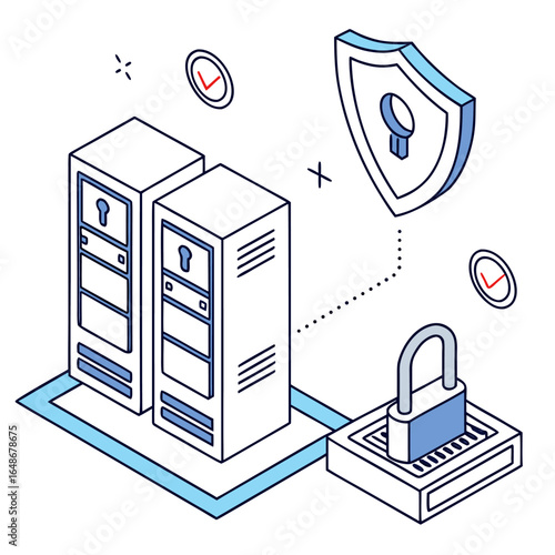 Isometric illustration of two server racks connected to a locked padlock and a security shield icon design