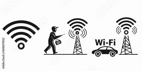 Illustration of wifi signal, man repairing, wifi tower, and car with wifi isolated on white background generative AI